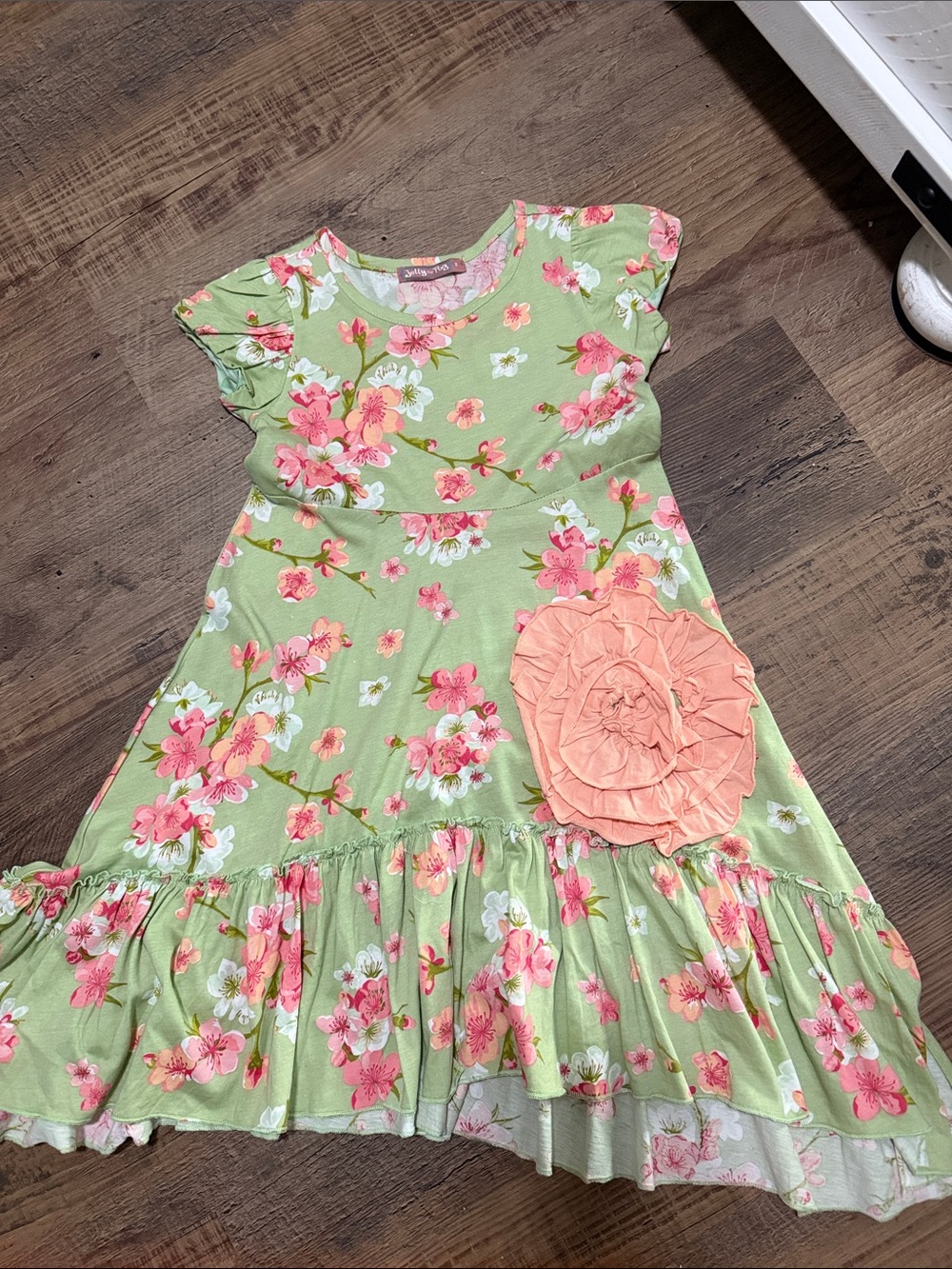 Jelly The Pug Green Floral Ruffle Dress with Peach Rosette